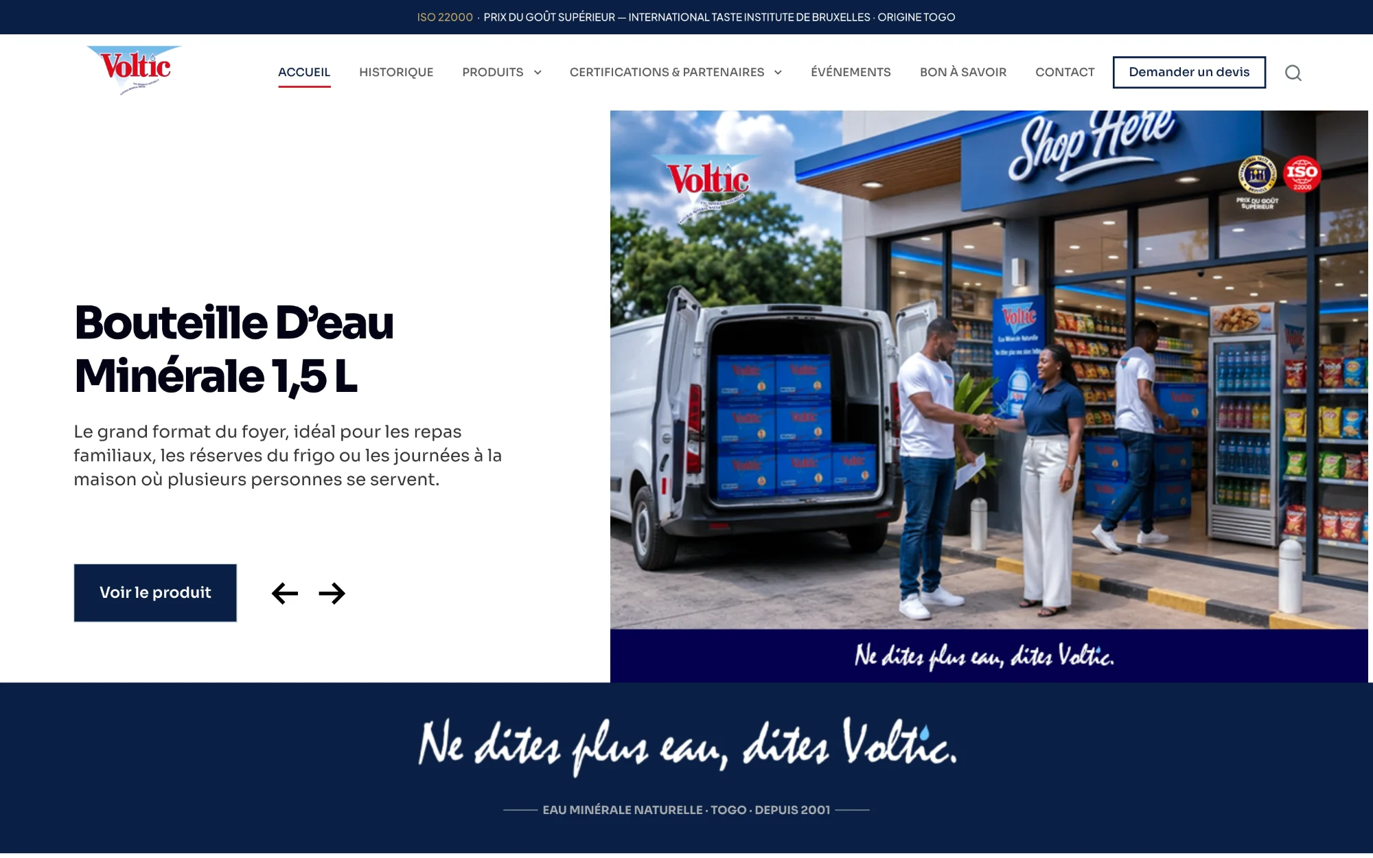 Voltic homepage: a 1.5 L family bottle delivered to a Voltic shop