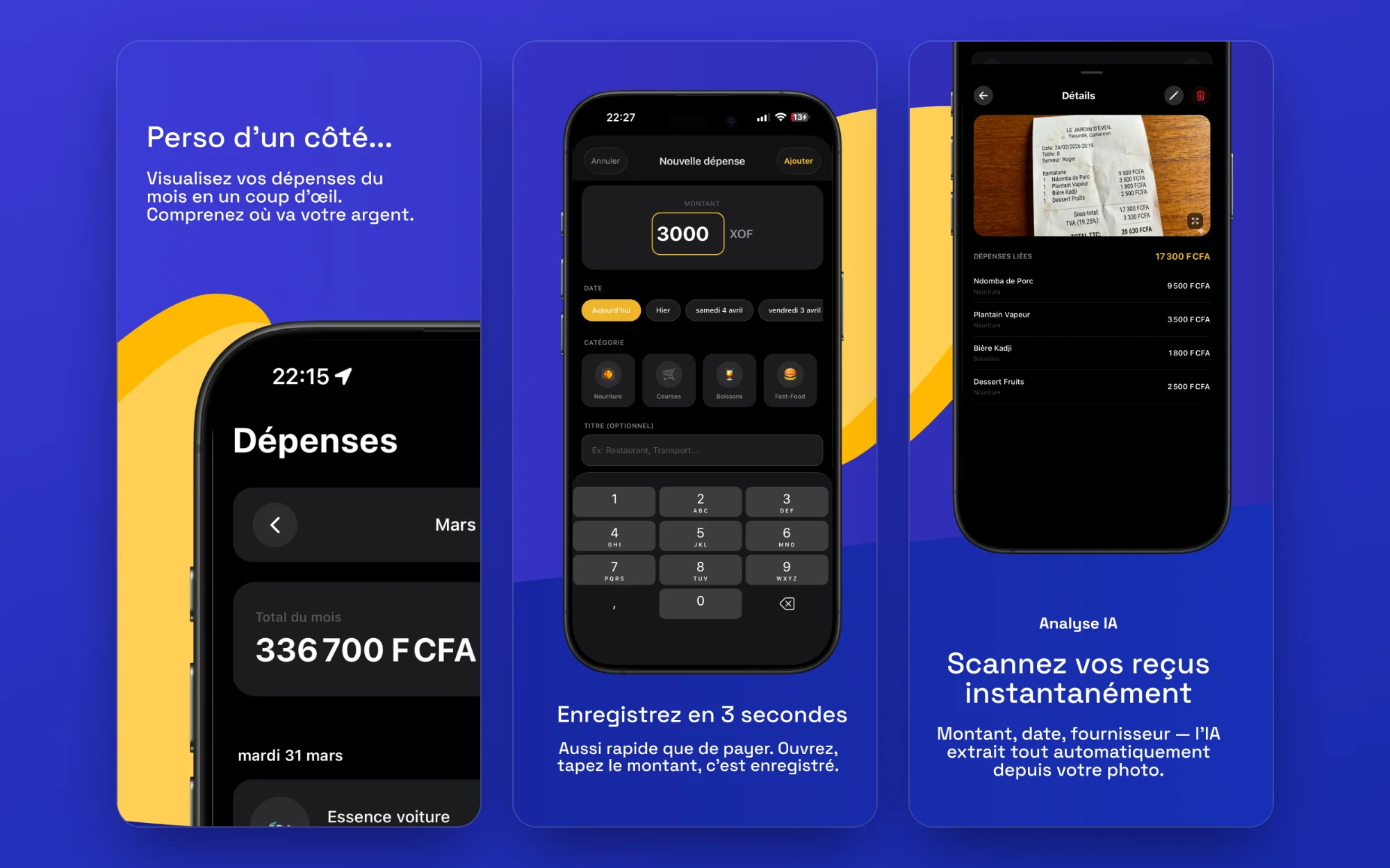 Three Tablo iOS screens: monthly spending, adding an expense and an AI-read receipt