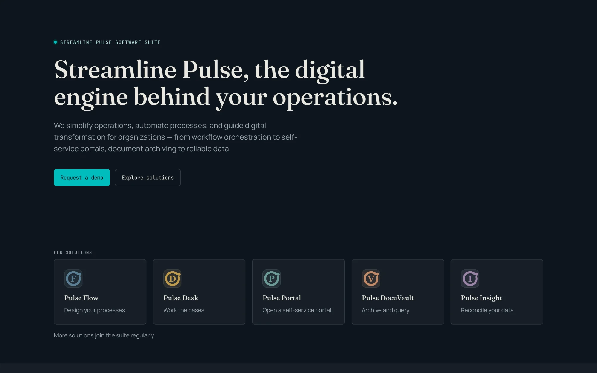 Streamline Pulse homepage: the suite's headline above its five solutions